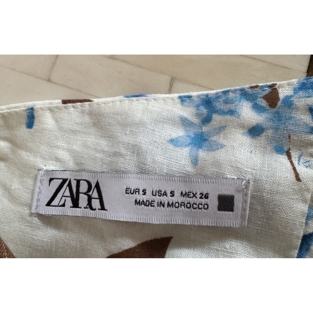 Zara Women's Halter Tropical White Blue Brown Linen Blend Mini Dress Resort Sz S - Picture 4 of 4